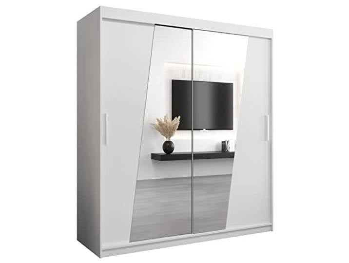 MEBLE KRYSPOL Rhomb180 Schlafzimmerschrank mit Zwei Schiebetüren, Spiegel, Kleiderstange und Regalen – 180x200x62cm - Mattweiß