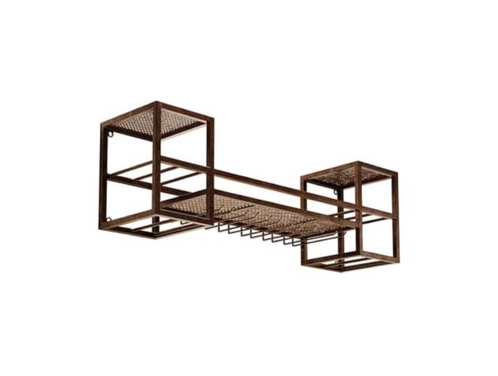 2-stufiges wandmontiertes Weinregal aus Metall mit offenem Flaschenregal Schwimmende Weinregale, Stielgläser, Kelche/Flaschenhalter für Esszimmer, Küche, Bar, Eisen(Brown)