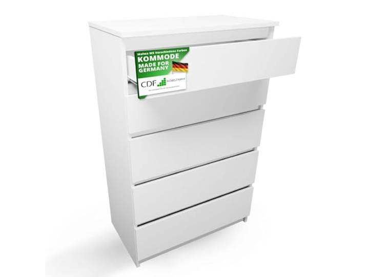 CDF Kommode mit 5 Schubladen Holz Sideboard für Schlafzimmer 40x70x109,5 cm Schubladenschrank - Weiß - Komodenschrank 70 cm Breit, Kommode Holz für Flur Wohnzimmer Kommode&Sideboard Modern