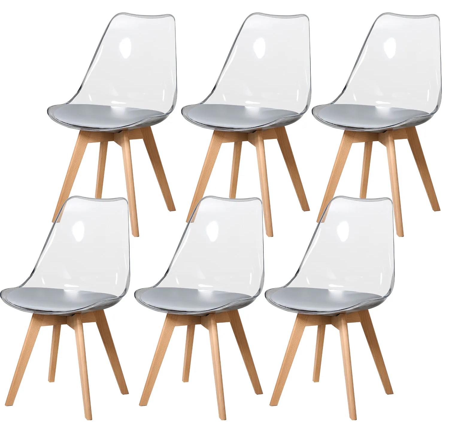 Transparente Esszimmerstühle - Set mit 6 gepolsterten Acrylstühlen - PolyurethanSitzkissen - Buchenholzbeine - Modern für Küche und Esszimmer - Grau