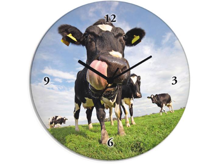 Wanduhr ARTLAND Holstein-Kuh mit gewaltiger Zunge , blau, T:1,8cm, Wanduhren, Wanduhr, wahlweise mit Quarz- oder Funkuhrwerk, lautlos ohne Tickgeräusche