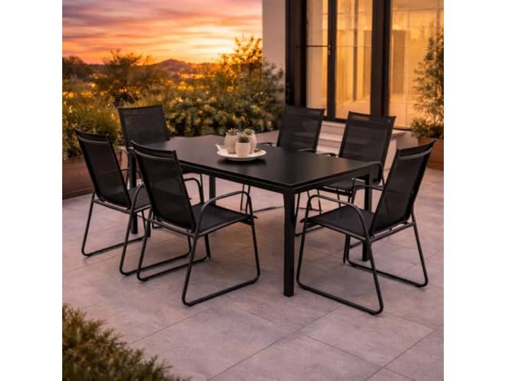 Mojawo 7tlg Outdoormöbel Set Gartenmöbel Gartengarnitur Glastisch Gartentisch 150x80cm + 6 Sessel Schwarz