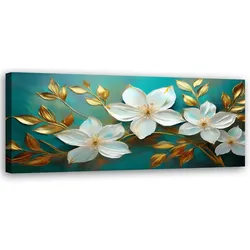WANDBILD weiße blumen goldene türkisfarbene blätter