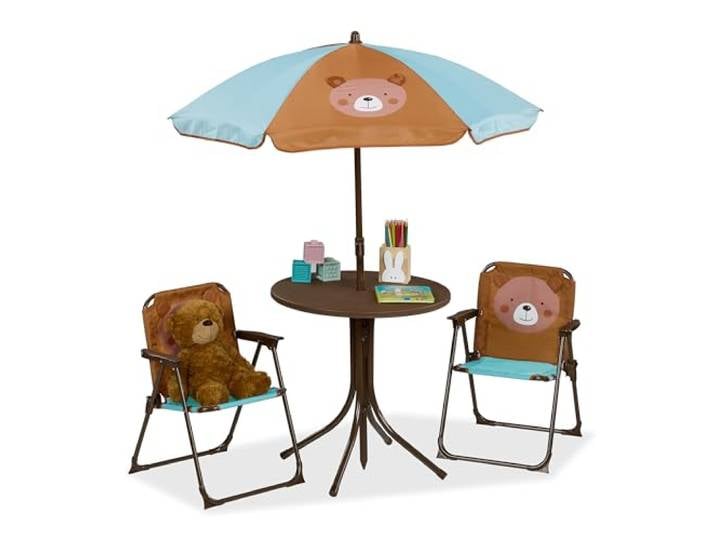 Relaxdays\, Salon de Jardin\, Enfant\, Table\, chaises\, Parasol\, pour Un Petit Fan d'ours\, pour Plage ou Camping\, Marron