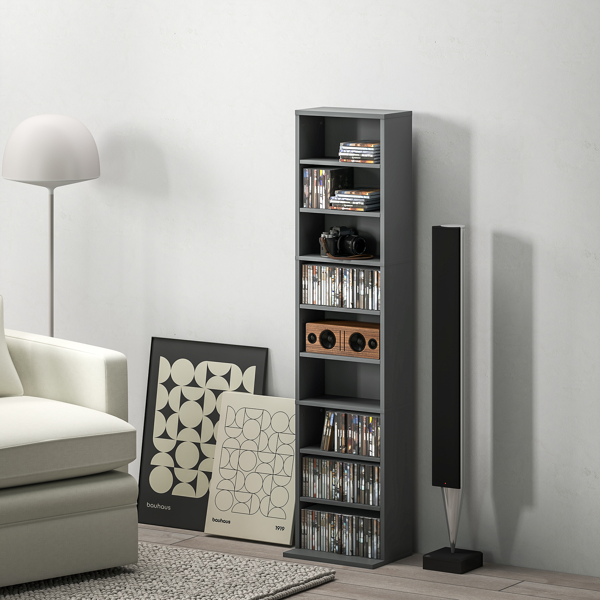 Homcom Mobile Porta CD e DVD 9 scomparti e 6 ripiani regolabili, max. 260 CD/120 DVD, 33x24x140 cm, grigio   Aosom Italy