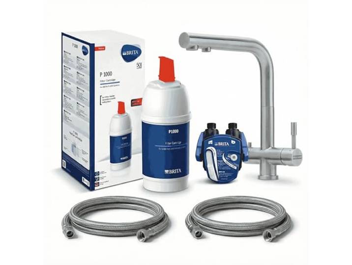 Franke Wellfresh 110-3-Wege-Wasserhahn L-Auslauf Edelstahl Massiv inkl. Britafilter P1000 und Wasseruhr-Digiflow. Küchenarmatur, Spültischarmatur, Mischbatterie, Dreiwege Wasserhahn, Osmoseanlagen