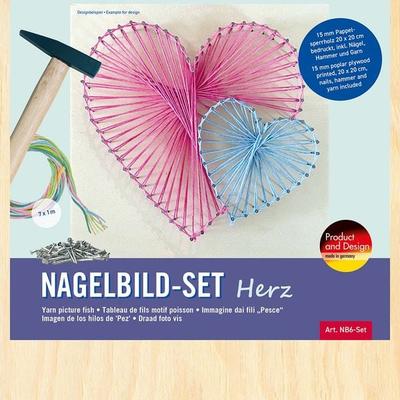 PEBARO NB6-SET - Nagelbild-Set Herz, Fadenbild 20x20cm, String Art Bastelset inkl. Garn, Hammer und Nägel