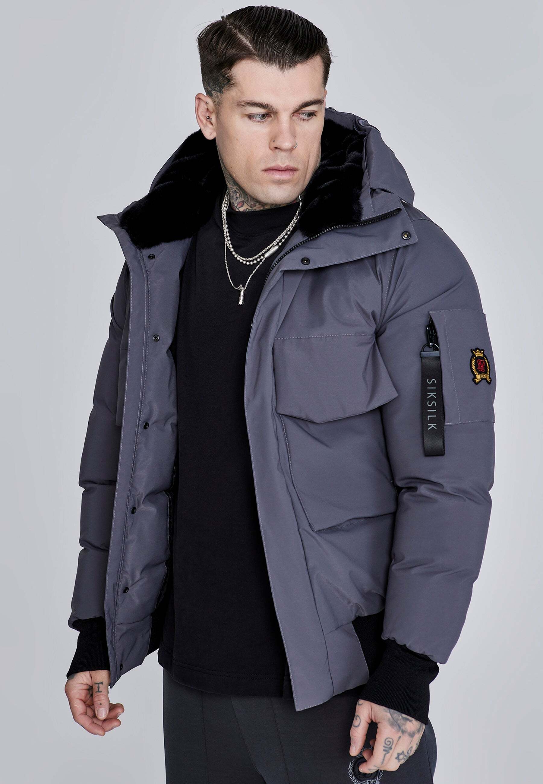 Winterjacke SIKSILK "Siksilk Winterjacke Hooded Bomber Jacket", Herren, Gr. M, grau, Obermaterial: 100% Polyester PES., Jacken Winterjacke grau M