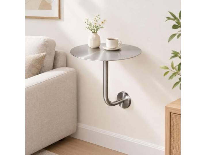 Runder Wandtisch Aus Edelstahl, L-förmiger Beistelltisch Zur Wandmontage, Bartisch，Schwebender Stehtisch, Bistrotisch Für Café, Küche, Balkon, Terrasse, Platzsparender Kleiner Tisch