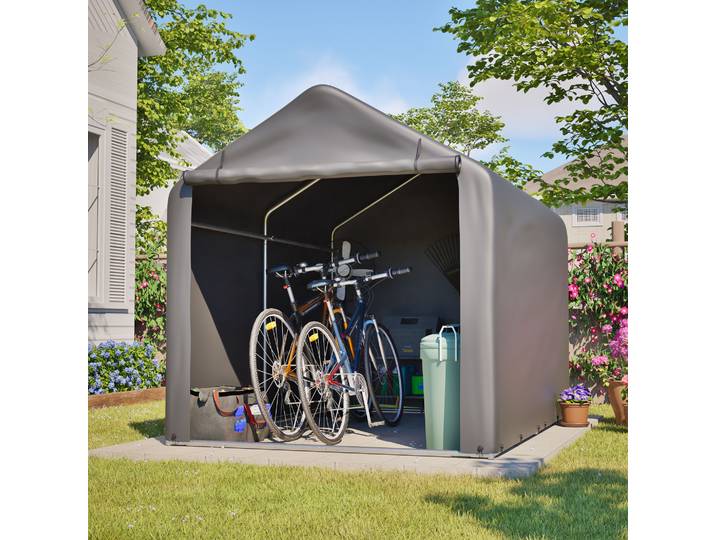 Abri pour vélo 100% étanche. Abri de rangement en PE résistant aux intempéries avec porte enroulable. Protection sécurisée pour les vélos et les tondeuses.