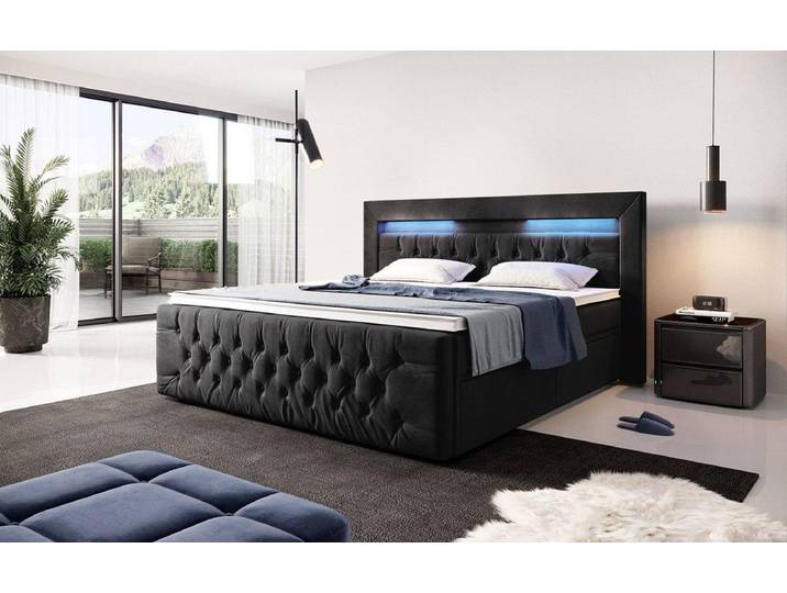OUTLET - Boxspringbett Menzogna Samt mit LED und Stauraum (2 Schubladen) - 180x200 - Beige - H2 (bis 70kg) - Luxusbetten24