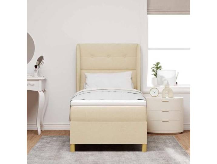 KTHLBRH Doppelbett Creme 200 x 100 cm mit verstellbarem Kopfteil Gestell aus massivem Kiefernholz, Bezug aus Polyester, Taschenfederkernmatratze, 2 Höhen