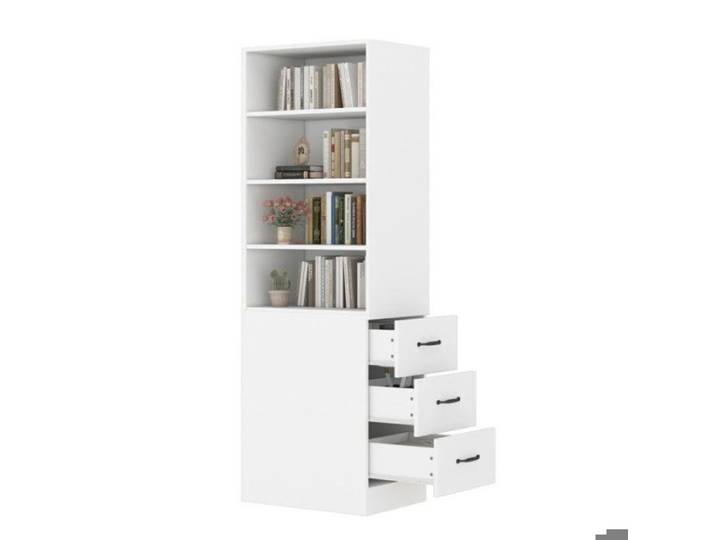 Vitrine étroite blanche 180 cm avec 3 tiroirs latéraux meuble de rangement vertical 60x38x180 cm étagère moderne pou BIBLIOTHEQUE