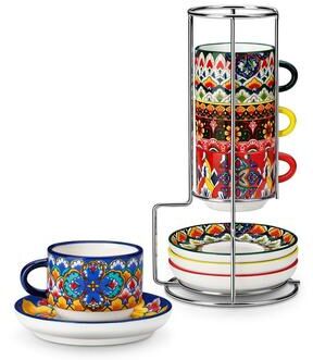 vancasso LUMI 4-Piece Porcelain Stackable Cup and Saucer Set with Metal Rack