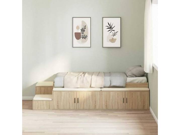 RJPLMFV Bettgestell, 80 cm, mit Aufbewahrung, Eiche Sonoma Massives Kiefernholz, integrierte Regale, Türen mit Scharnieren, Lattenrost inklusive