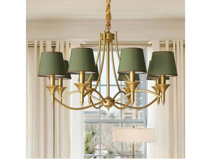 Lustre suspendu LED en fer et cuivre avec abat-jour en tissu vert, luminaire créatif pour salle à manger, salon, chambre à coucher, décoration intérieure
