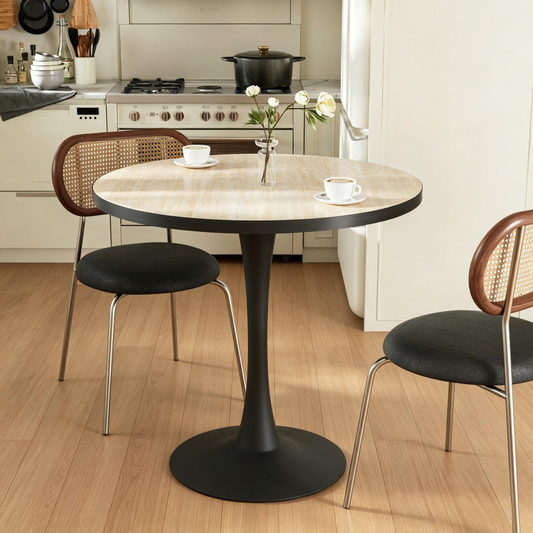 Fativo Round Marble Dining Table Mid-century Table With Metal Pedestal Base, Modern Leisure Table For Small Space Kitchen Dining Room, Easy Assembly, Waterpr Natural