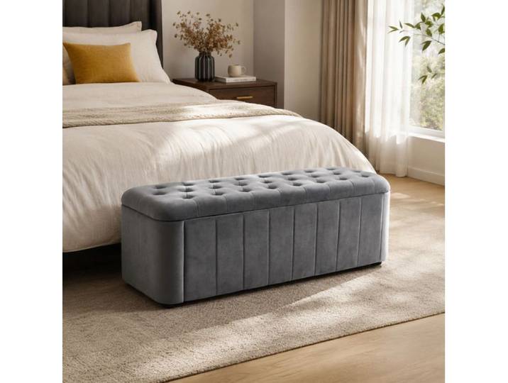 WOVREO Banc coffre en velours gris foncé 132 cm capitonné avec rangement banquette rembourrée arrondie