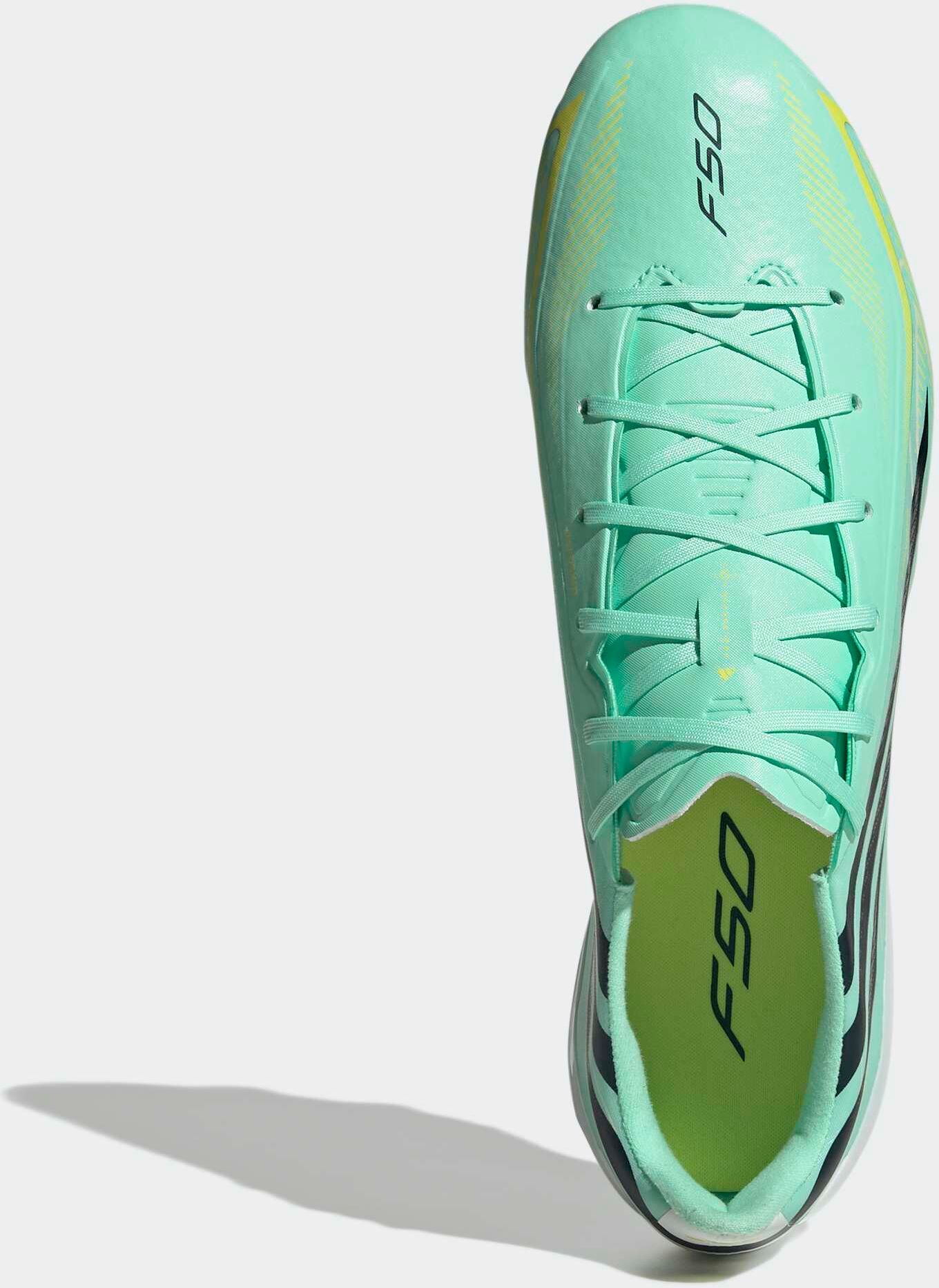 Fußballschuh ADIDAS PERFORMANCE "F50 HYPERFAST LEAGUE, FESTE BÖDEN", Gr. 45, grün (pulse mint, night navy, solar lemon), Synthetik, Schuhe Fußballschuh, für Rasen und feste Böden, gespielt bei der Weltmeisterschaft 2026