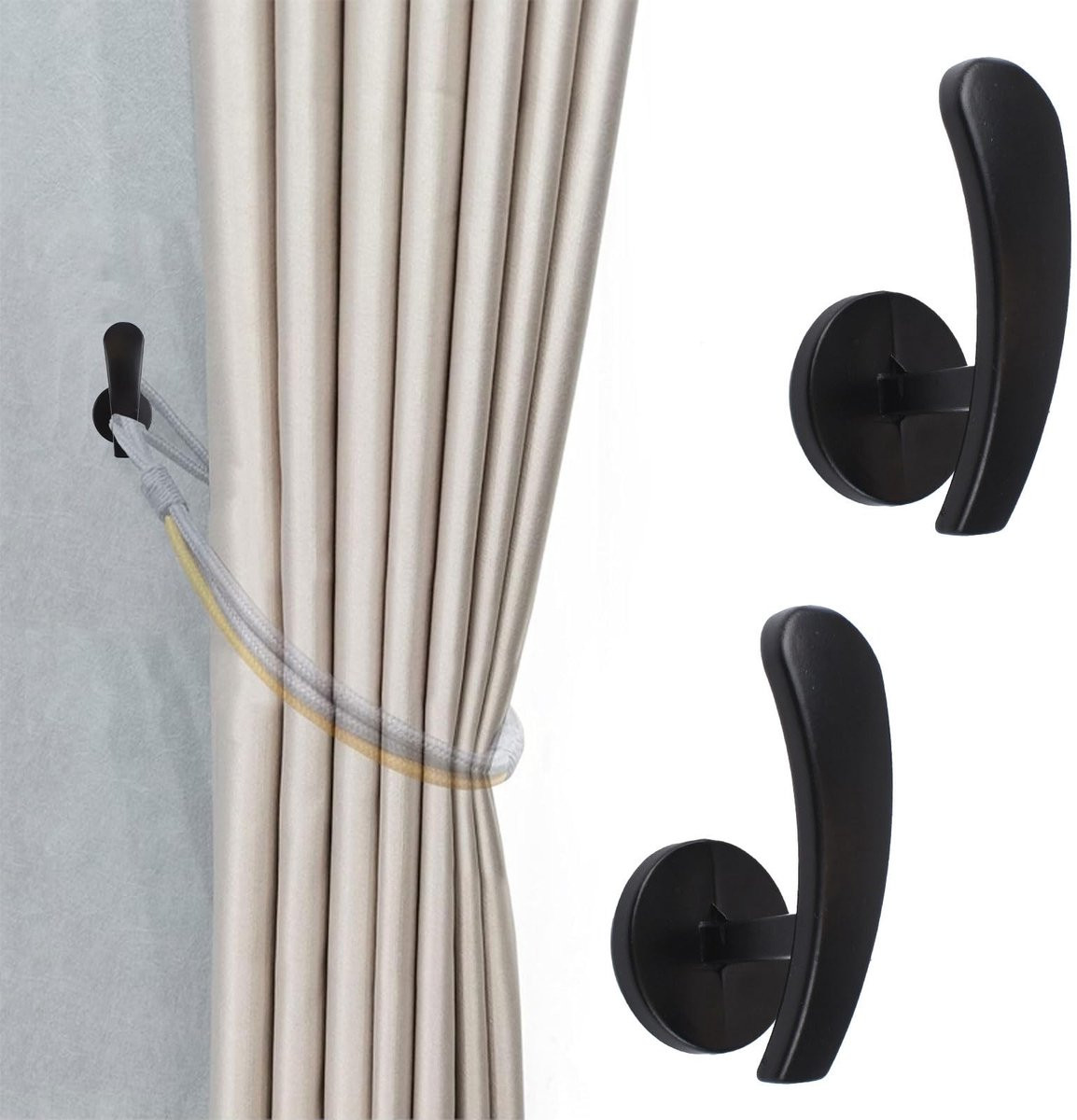 Dailygoods Zelfklevende Gordijnhouders voor Wandmontage - Metaal - Zwart - 2 Stuks