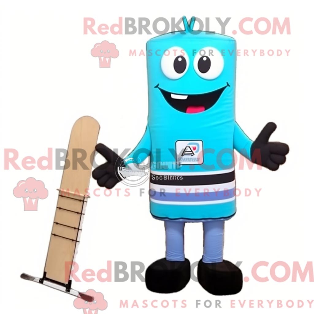 Maskottchen REDBROKOLY eines cyanfarbenen Eishockeyschlägers mit Tanktop und Krawattennadeln