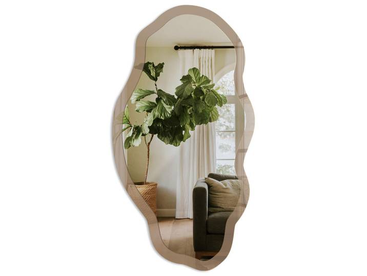 Tulup Spiegel 90x45 cm asymmetrisch mit Druck - Gelblich grau, Transparent, Glas, Organisch, 45x90x0.4 cm, Spiegel, Wandspiegel