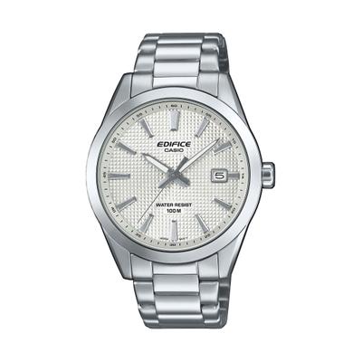Quarzuhr CASIO EDIFICE, silber (silberfarben, weiß, silberfarben, weiß, silberfarben), Armbanduhren, Herren, edelstahlfarben, Quarzuhr, Armbanduhr, Herrenuhr, Edelstahlarmband, analog, Tag, Neo-Display
