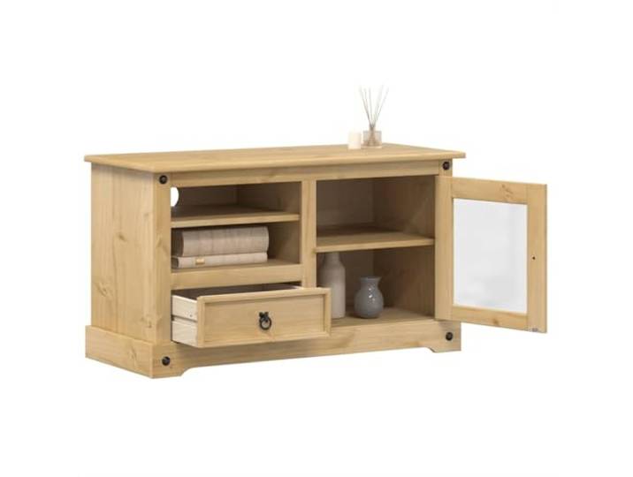 HEFZGDB TV-Schrank Corona 100x45x58 cm aus Kiefer Massivholz mit Schublade und 4 Ablagen, Stauraum Möbel für Wohnzimmer, Metallgriffe, langlebiges rustikales TV-Möbelstück
