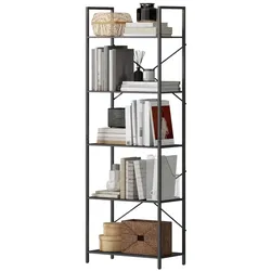 MODFU Standregal Metall Schwarz 60x30x170,5 cm, 5 Ebenen, offenes Bücherregal im Industrie-Stil