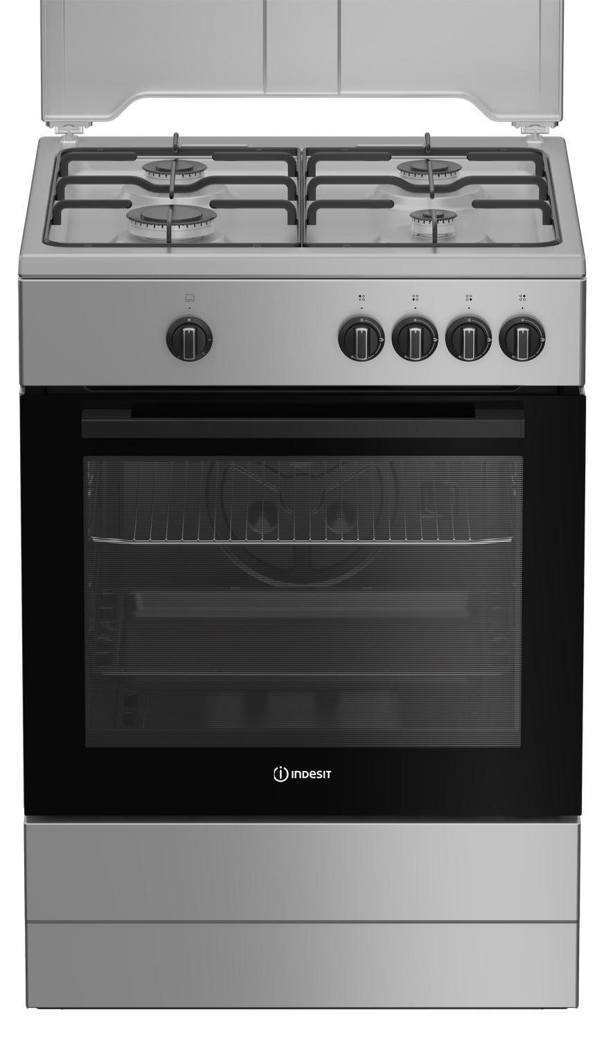 Indesit I6GGKMS, Freistehender Herd, Silber, Drehregler, Schwarz, Vorderseite, Gaskochfeld