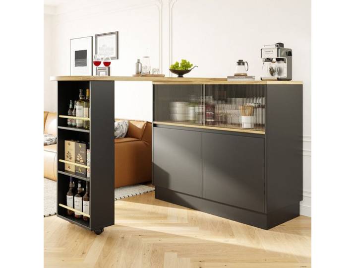 Zitty Îlot de Cuisine Pivotant 360° Meuble Bar Moderne avec Portes en Verre 90x45x100cm MDF Blanc et Bois
