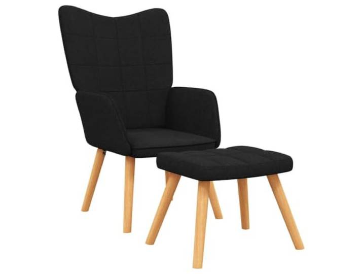 Fußsessel Schwarz Textil mit Holzfüßen Stahlrahmen Holzbeine kariert Schwamm bis 110 kg