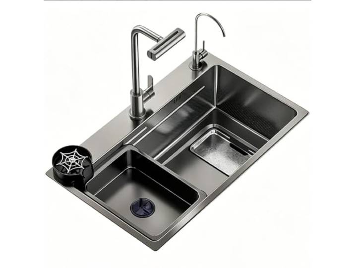 Edelstahl Küchenspüle mit Wasserfallarmatur und Gläserspüler Großes Becken mit 4 Strahlarten, Doppelschiene, Doppelfilter und Gläserspüler(80x45cm)