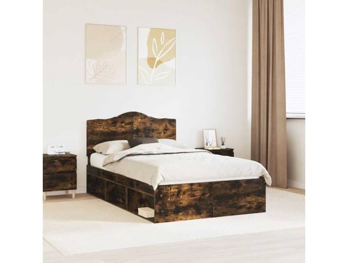 Massives Kiefernholz Holzkopf Modernes Stil Bettrahmen Braun 135 x 190 cm Bettrahmen Geräucherte Eiche 135x190 cm Massives Kiefernholz Bettgestell mit Kopfteil Lattenrost Stabil