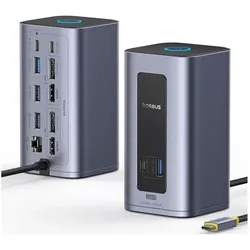 Baseus - Docking Station Nomos NU1 Air (B0114400) - 12 Ports, 10Gbps, 100W PD, 4K Displays - Grey (USB-C, 12 Ports), Dockingstation + USB Hub, Grau