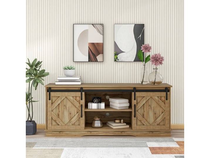 Meuble TV Buffet 150cm-Portes Coulissantes Vintage-Centre Divertissement Salon-150x40x60cm-Campagne Moderne-Design Classique