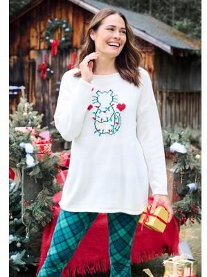 Plus Size Women's Holiday Motif Sweater by Woman Within in Ivory Lights Kitten (Size 4X) Pullover