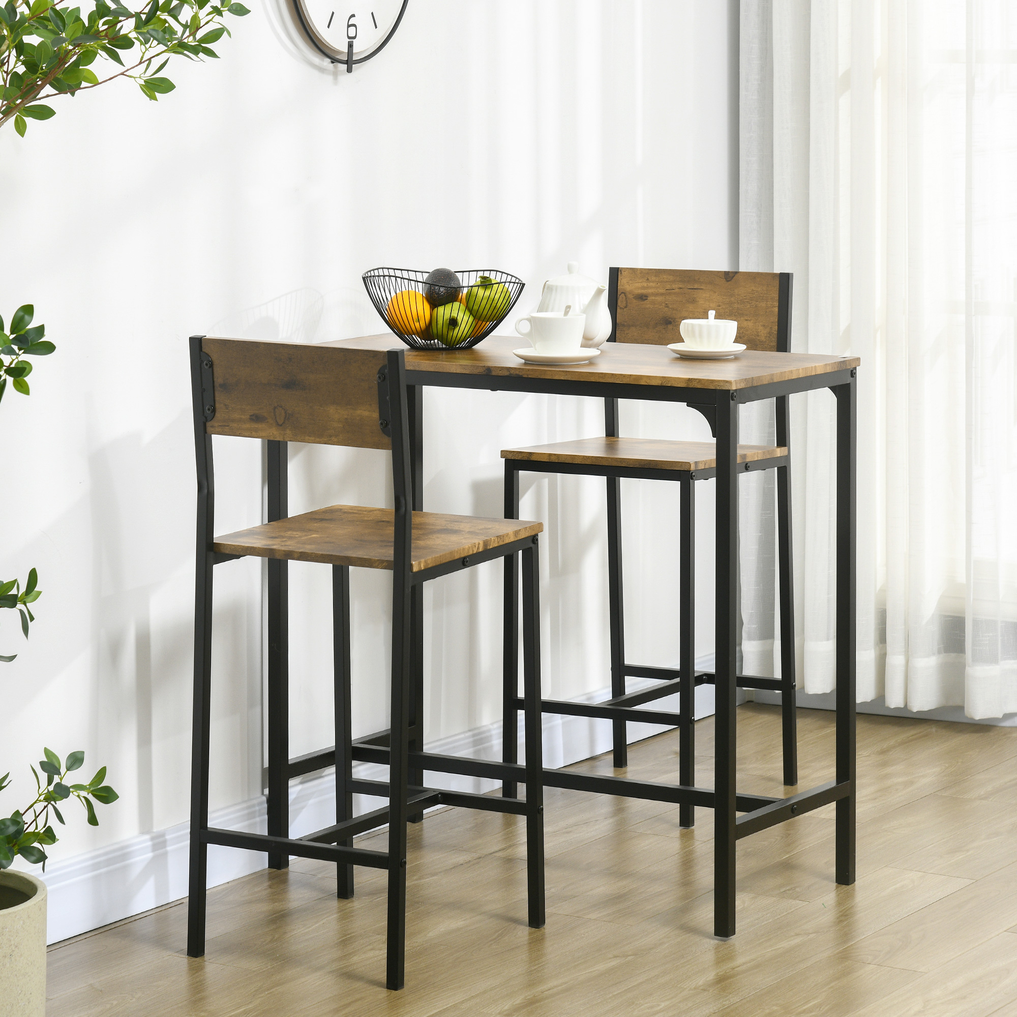 Homcom Set Bar da 3 Pezzi, Tavolo da Bar, 2 Sedie, MDF, Telaio in Metallo, Resistente all'Acqua, Marrone   Aosom Italy