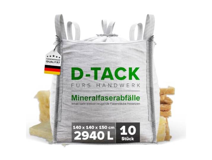 D-TACK 10x KMF Big Bag 140 x 140 x 150 cm Entsorgungssack für Mineralfaserabfälle Stabil, reißfest & UV-beständig Säcke für Mineralfaserabfälle, Glaswolle und Isolierwolle 2,94 m³ 2940l