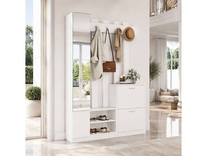 Vestiaire d'entrée - ZEVKOR - Vestiaire d'entrée compact - Miroir - 2 meubles à chaussures - 5 patères
