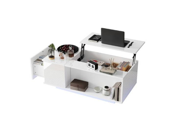 OKWISH Couchtisch Höhenverstellbarer Kaffeetisch (Sofatisch, Beistelltisch, 1-St., 100*50*40cm), mit Verstecktem Stauraum, LED-Licht