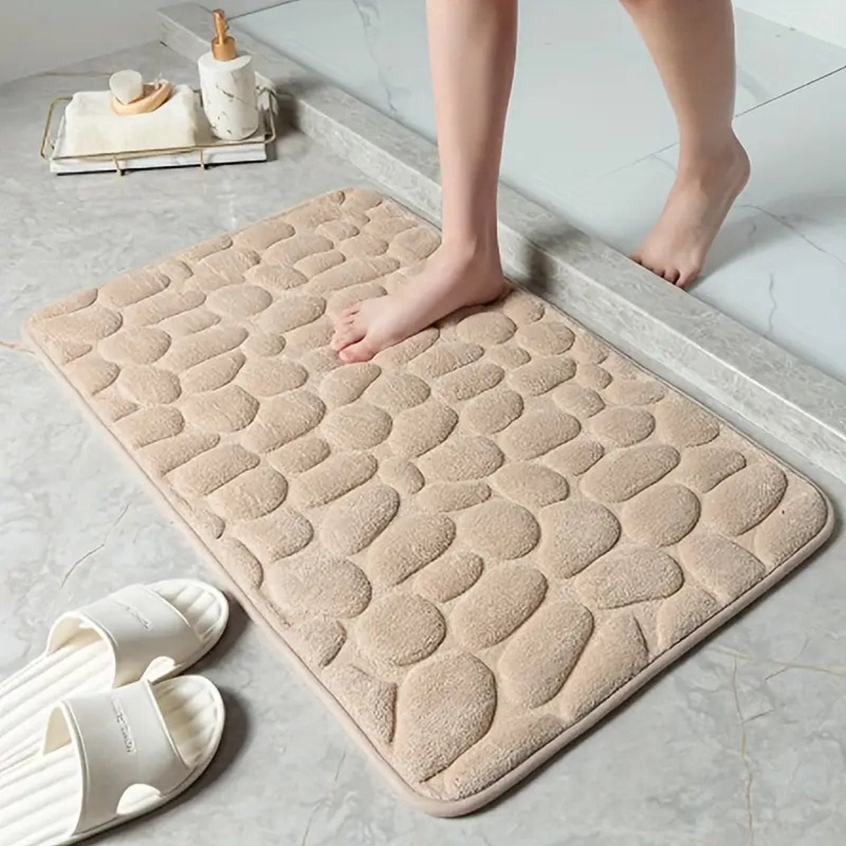 PolkaHome Badmat van Traagschuim met Kiezeltekening, Beige, 40 x 60 cm