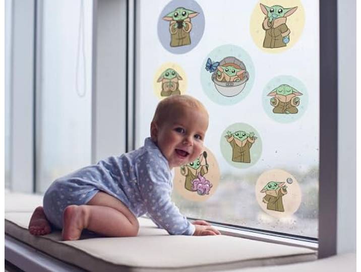 Fensterbild Grogu - Padawan Bubbles - Größe 30 x 30 cm, 2 Bogen - Fenstersticker, Disney, Kinderzimmer, Babyzimmer, Mandalorian, Bunt