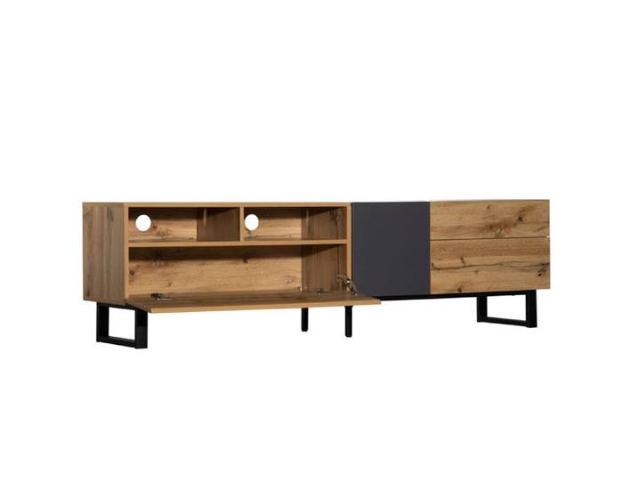 Meuble TV moderne bicolore en MDF avec portes niches et tiroirs