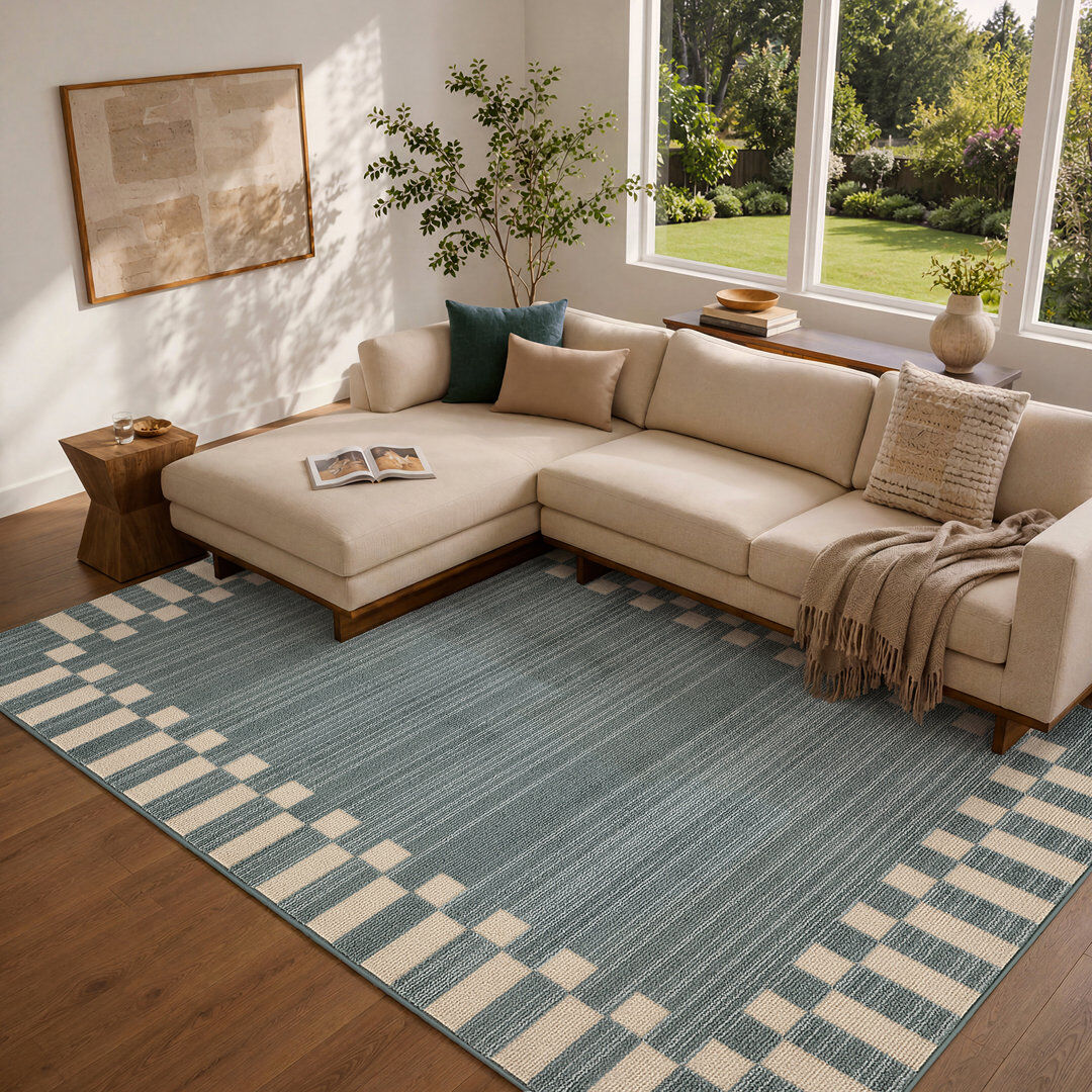 Latitude Vive Fifth Avenue Check Border Rug Blue,Off-White Rectangle 152 x 225 cm