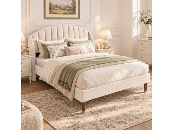 JOROBURO Polsterbett mit Lattenrost 140x190 cm, Samtbett Doppelbett, Beige Geschwungenes Kopfteil, vertikale Steppung, stabile Mittelstütze und Holzbeine für komfortables, ruhiges Schlafen