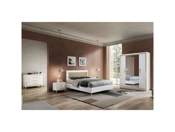JEMMA - Chambre Complète 160x200cm Blanche et Décor Doré avec Leds