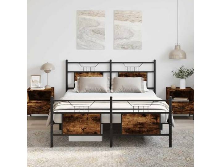 Stahlgestell mit Stauraum Schlafzimmer Bettrahmen 140x190 cm Braun Bettgestell ohne Matratze Räuchereiche 140x190 cm Holzwerkstoff mit Kopfteil Stahl Lattenrost Stauraum