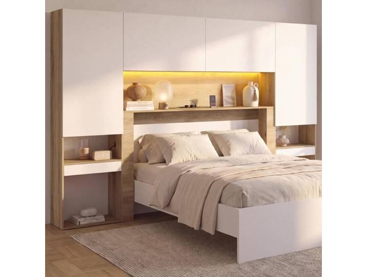 Pont de lit BRIDGET XXL 265 cm avec rangements multiprises et LED bois et blanc