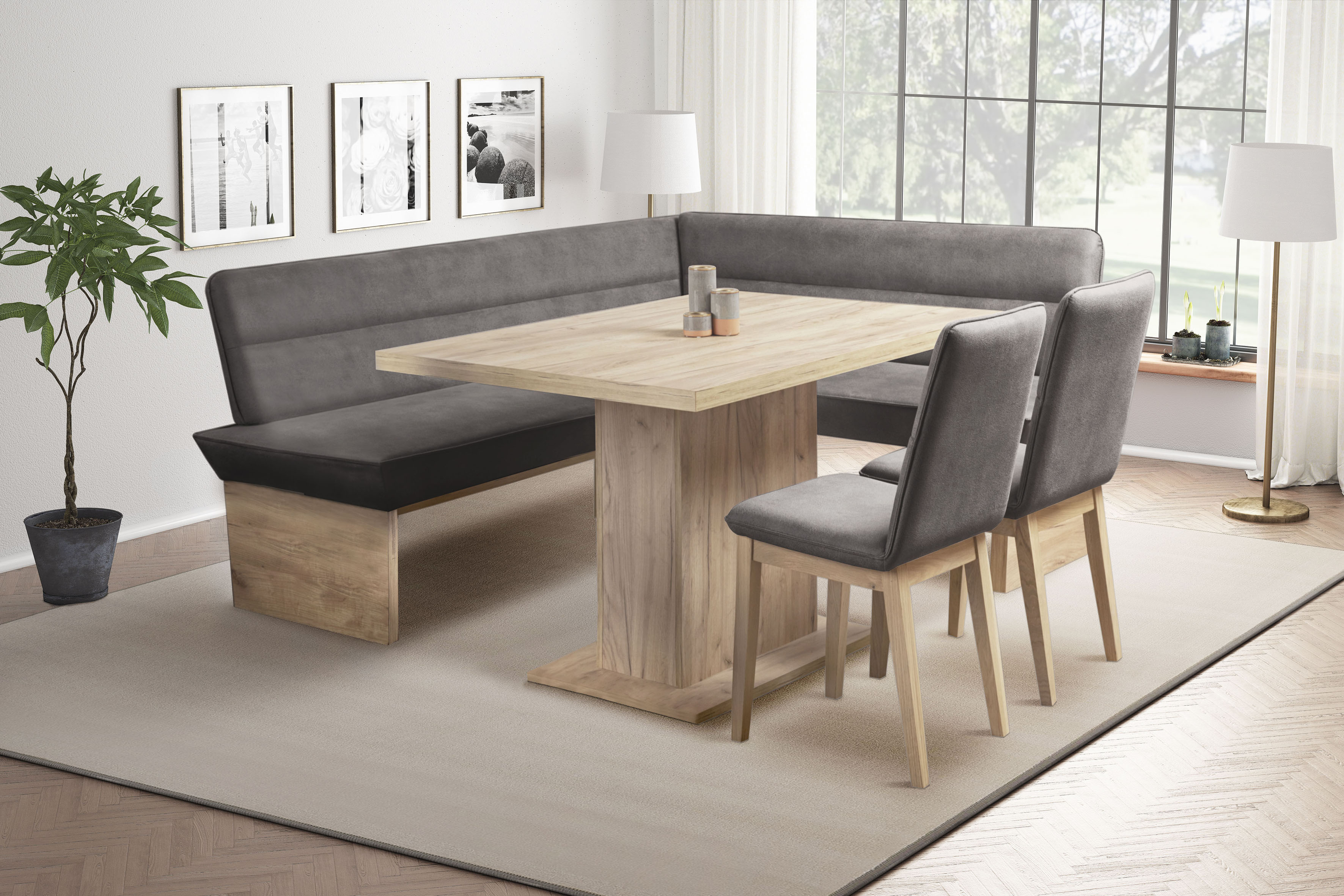 Eckbank GOODPRODUCT "Beluna Polsterbank, Sitzecke", grau (dunkelgrau, decor wotan eiche), B:210cm H:89cm T:169cm, Polyester, Sitzbänke, Eckbank, mit Wellenunterfederung im Sitz, TOPSELLER dunkelgrau, decor wotan eiche B/H/T: 210cm x 89cm x 169cm, Luxus-Mi